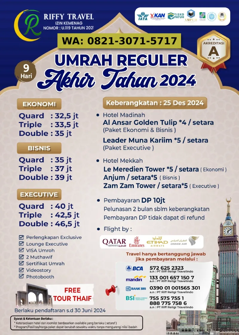 Paket Umroh Reguler Akhir Tahun 9 Hari Desember 2024