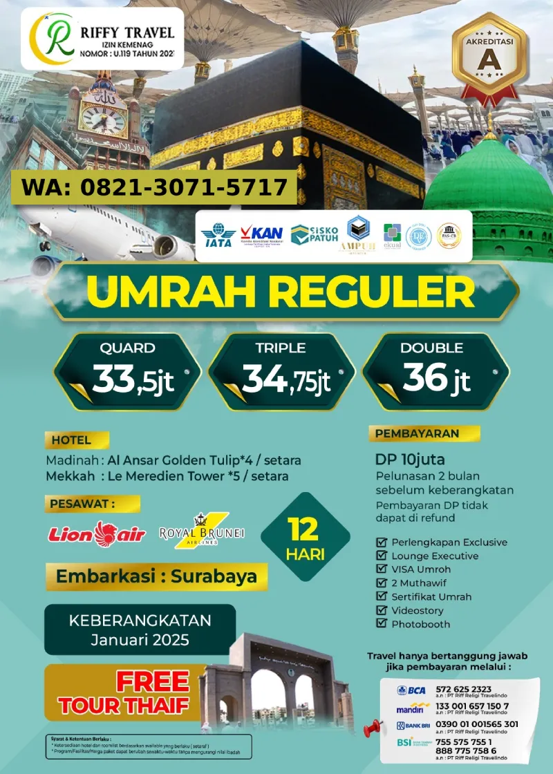 Paket Umroh Reguler Embarkasi Surabaya 12 Hari Januari 2025